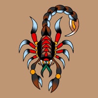 a scorpion tattoo design on a brown background