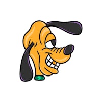 a cartoon dog's head with a black nose and green eyes