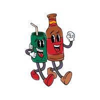 two cartoon characters running with a bottle of soda