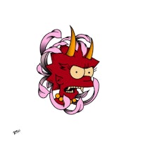 a cartoon drawing of a red devil with horns